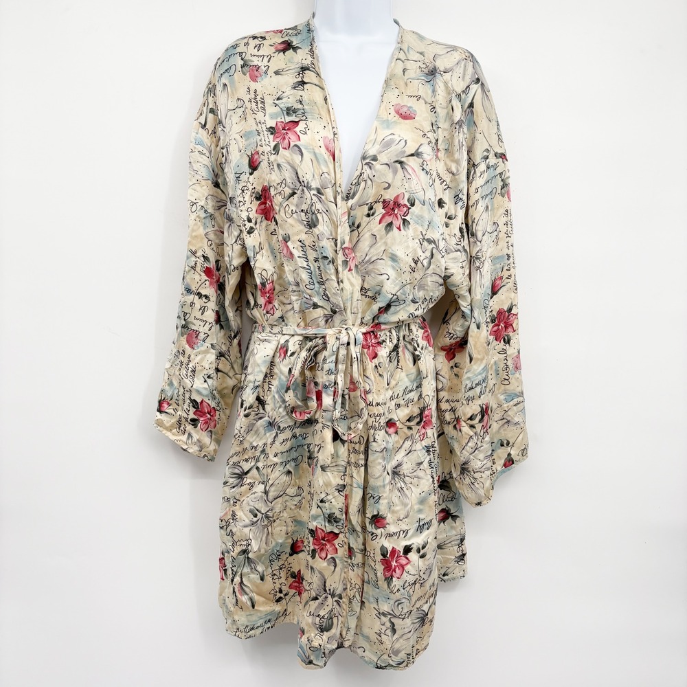 Victoria's Secret Womens 100% Silk Vintage Floral Script Romantic Coquette Robe